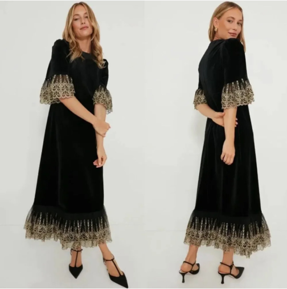 Tuckernuck Pomander Place Gold Lace Lillith Midi Dress Size Large Black Party